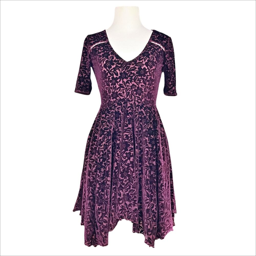 KIMCHI BLUE URBAN OUTFITTERS Floral Burnout Velvet Skater Dress in Plum Purple S